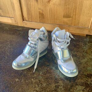 white and silver sneakers heels high ankle